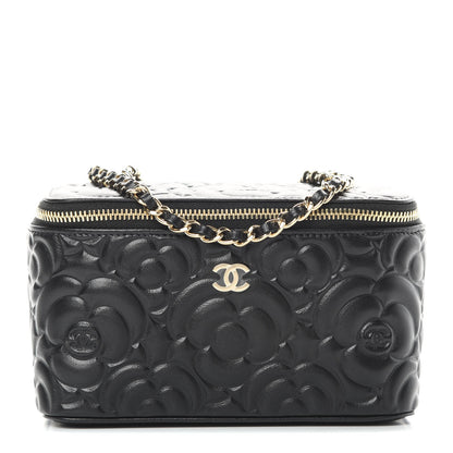 Chanel Lambskin Camellia Embossed Small Vanity Case With Chain Black 1 of 12