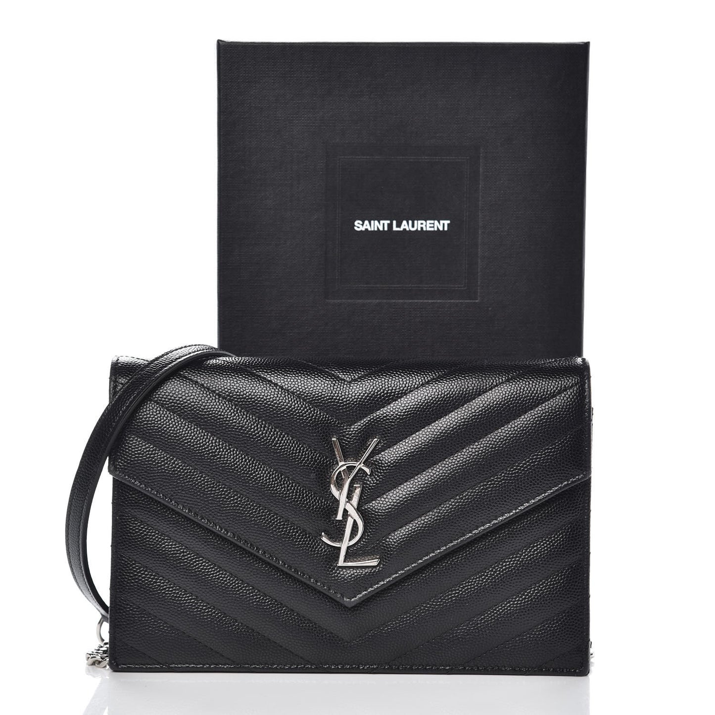 Grain De Poudre Matelasse Chevron Monogram Envelope Chain Wallet Black