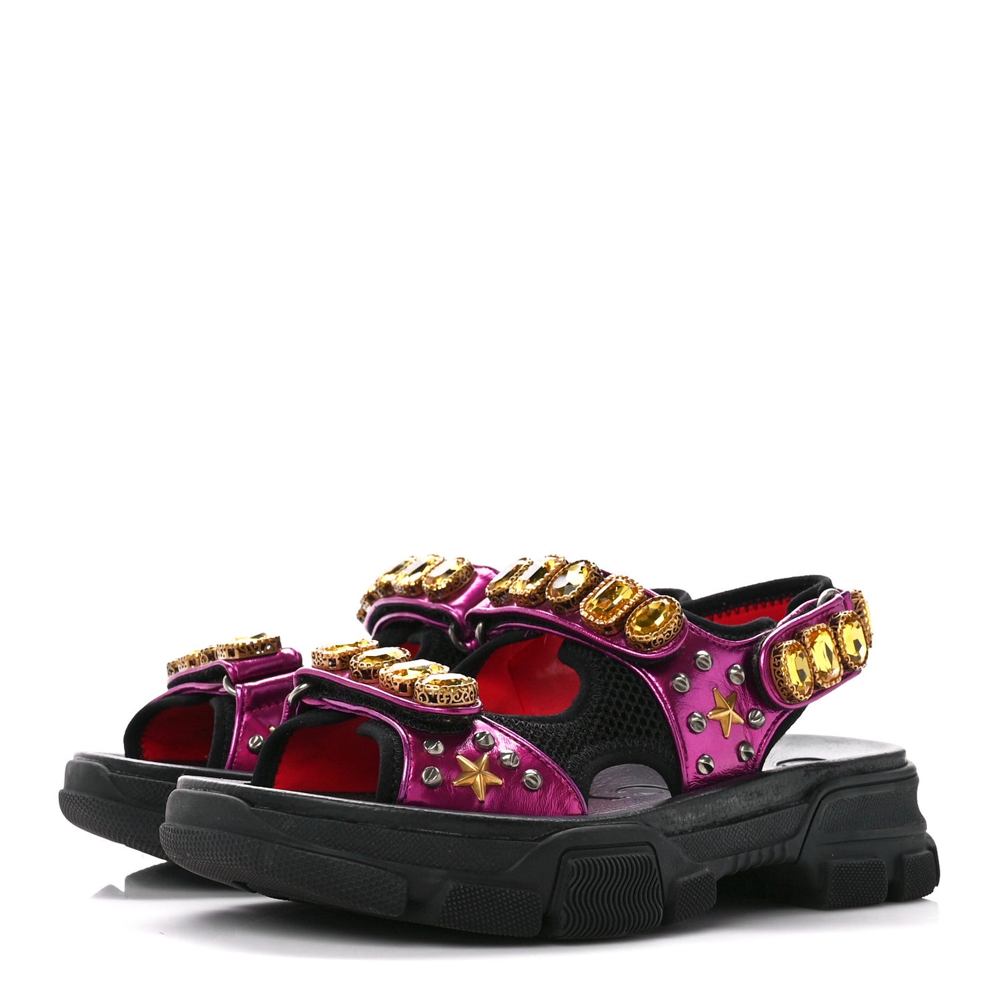 Nappa Mesh Crystal Embellished Studded Womens Aguru Sandals 38 Pink Black