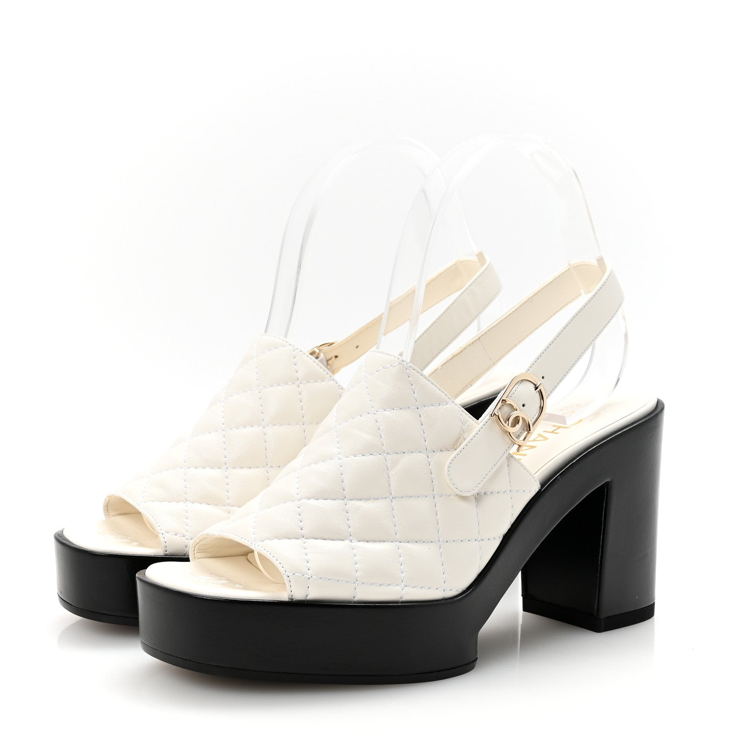 Chanel Lambskin Quilted Peep Toe Wedge Sandals 38 White 4 of 9