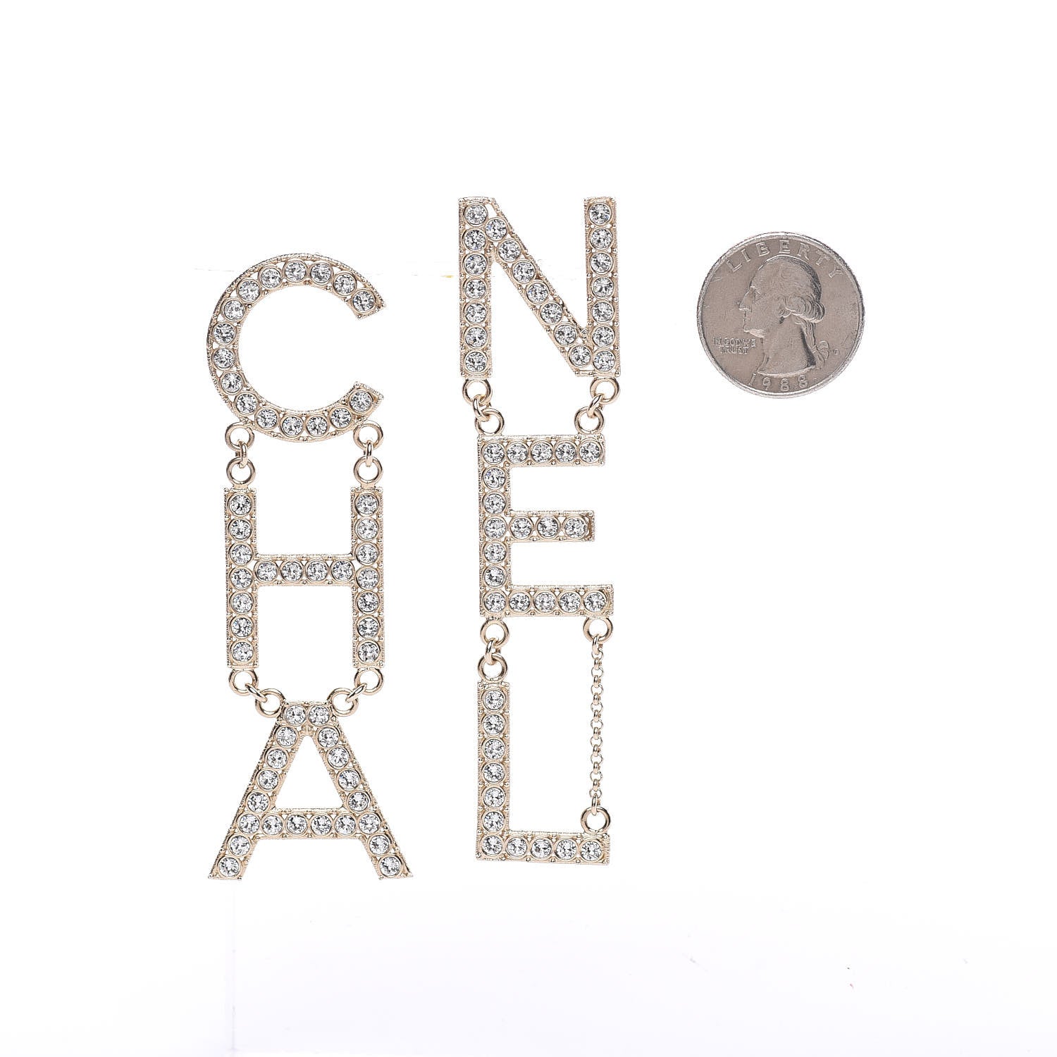 Chanel Crystal Cha-Nel Logo Drop Earrings Gold 2 of 5