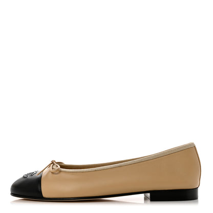 Chanel Lambskin Cap Toe CC Ballerina Flats 39 Beige Black 1 of 9
