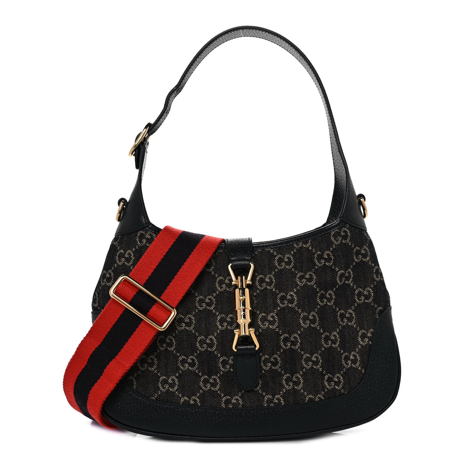 Gucci Jacquard Denim GG Monogram Small Jackie 1961 Hobo Black Ivory 1 of 15