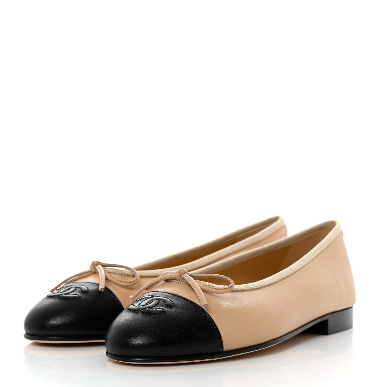 Chanel Lambskin Cap Toe CC Ballerina Flats 37 Beige Black 3 of 9