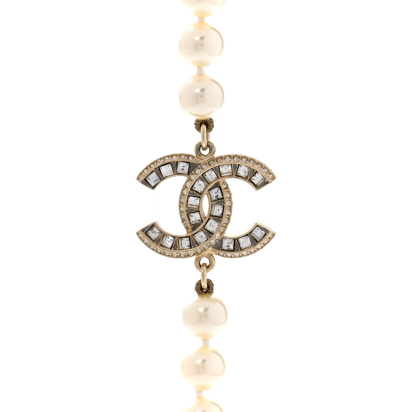 Pearl Baguette Crystal CC Long Necklace Gold