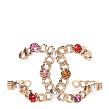 Chanel Metal Pearl Crystal Chain CC Cuff Bracelet Gold 1 of 6