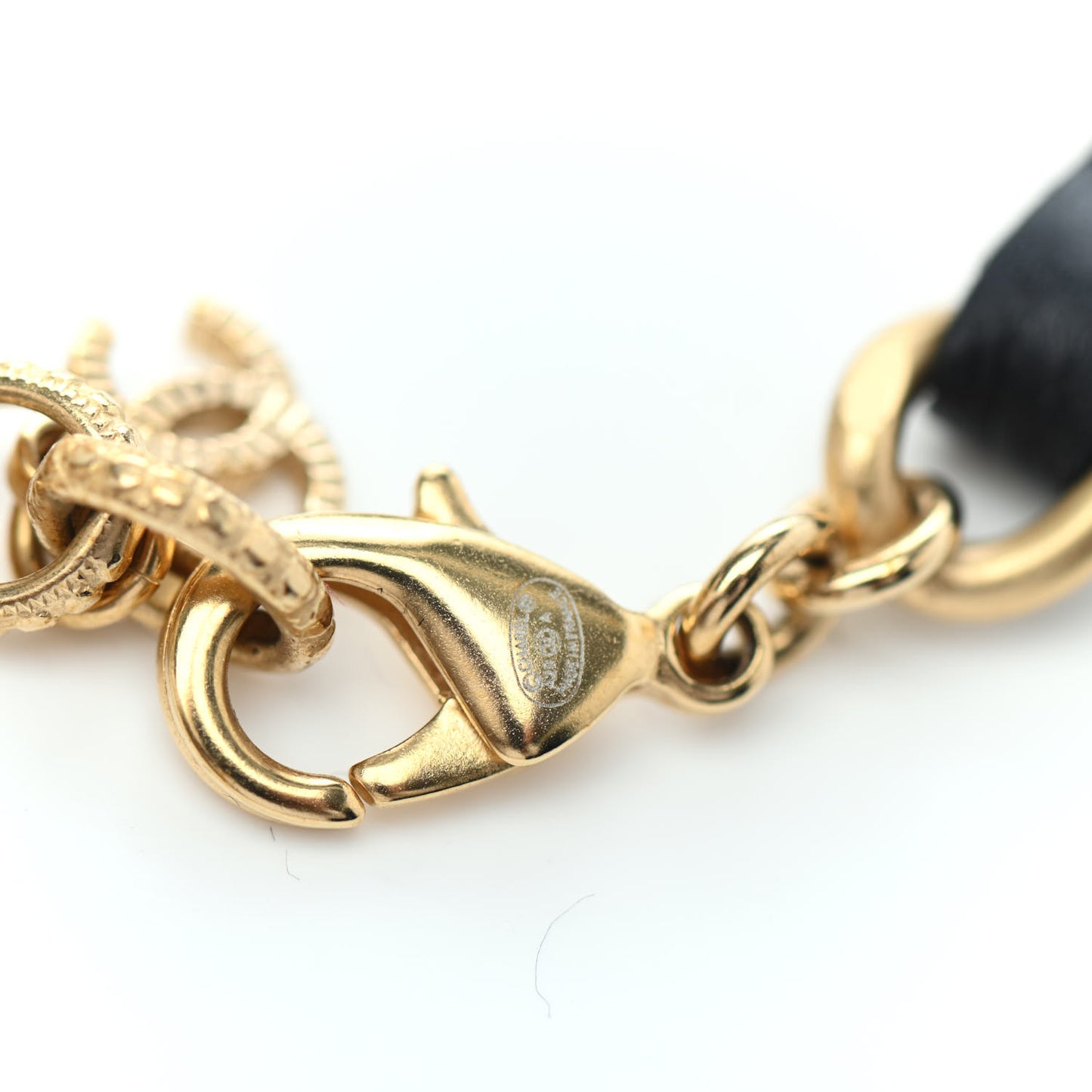 Metal Calfskin Crystal Chain 90's Camellia Bracelet Black Gold