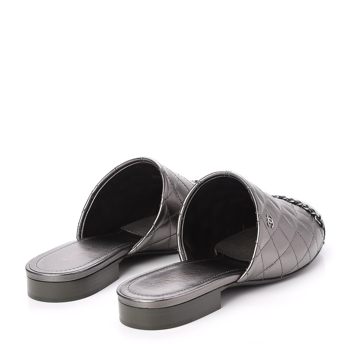 Iridescent Lambskin Quilted CC Chain Mules 37.5 Silver Black