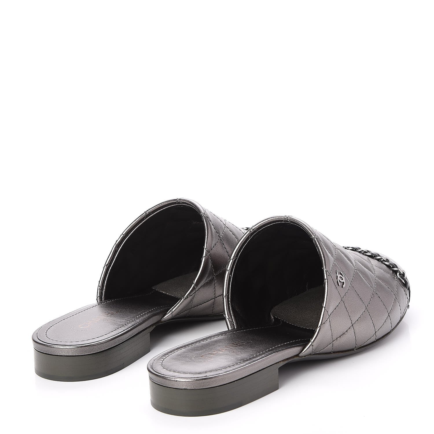 Chanel Iridescent Lambskin Quilted CC Chain Mules 37.5 Silver Black 4 of 10
