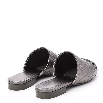 Chanel Iridescent Lambskin Quilted CC Chain Mules 37.5 Silver Black 4 of 10