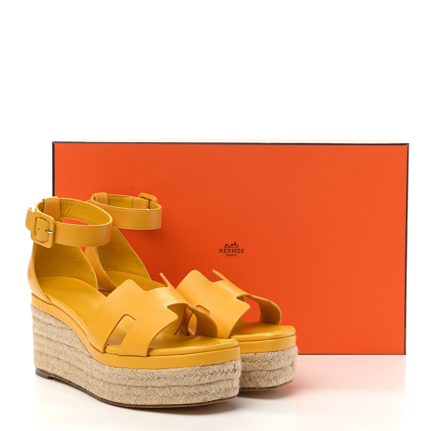 Hermes Goatskin Elda Espadrille Wedge Sandals 38 Jaune Sable