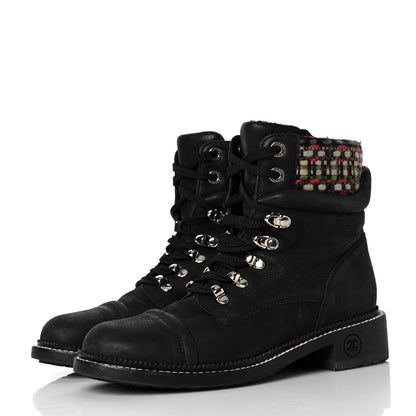Chanel Calfskin Tweed Trim Lace Up Boots 39 Black Multicolor 3 of 7