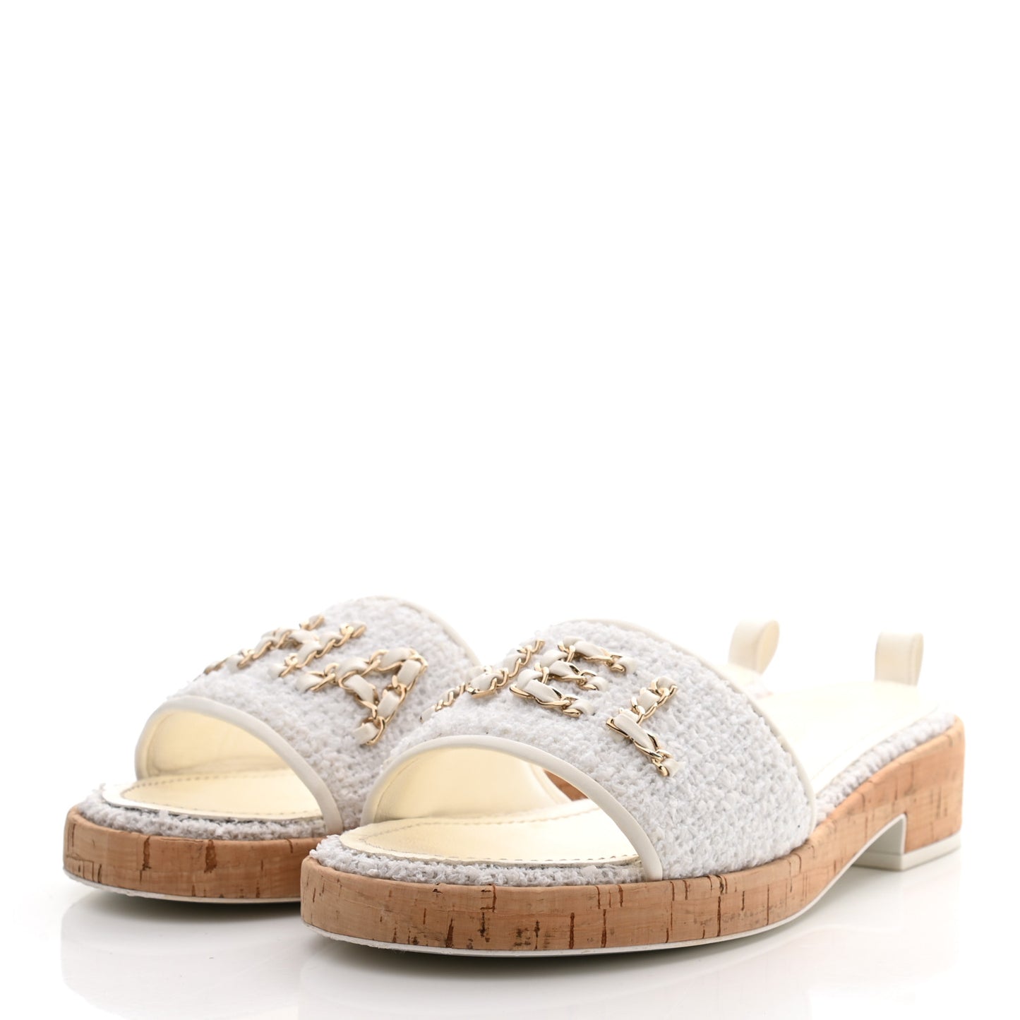 Tweed Cork CC Chain Mule Sandal 40.5 White