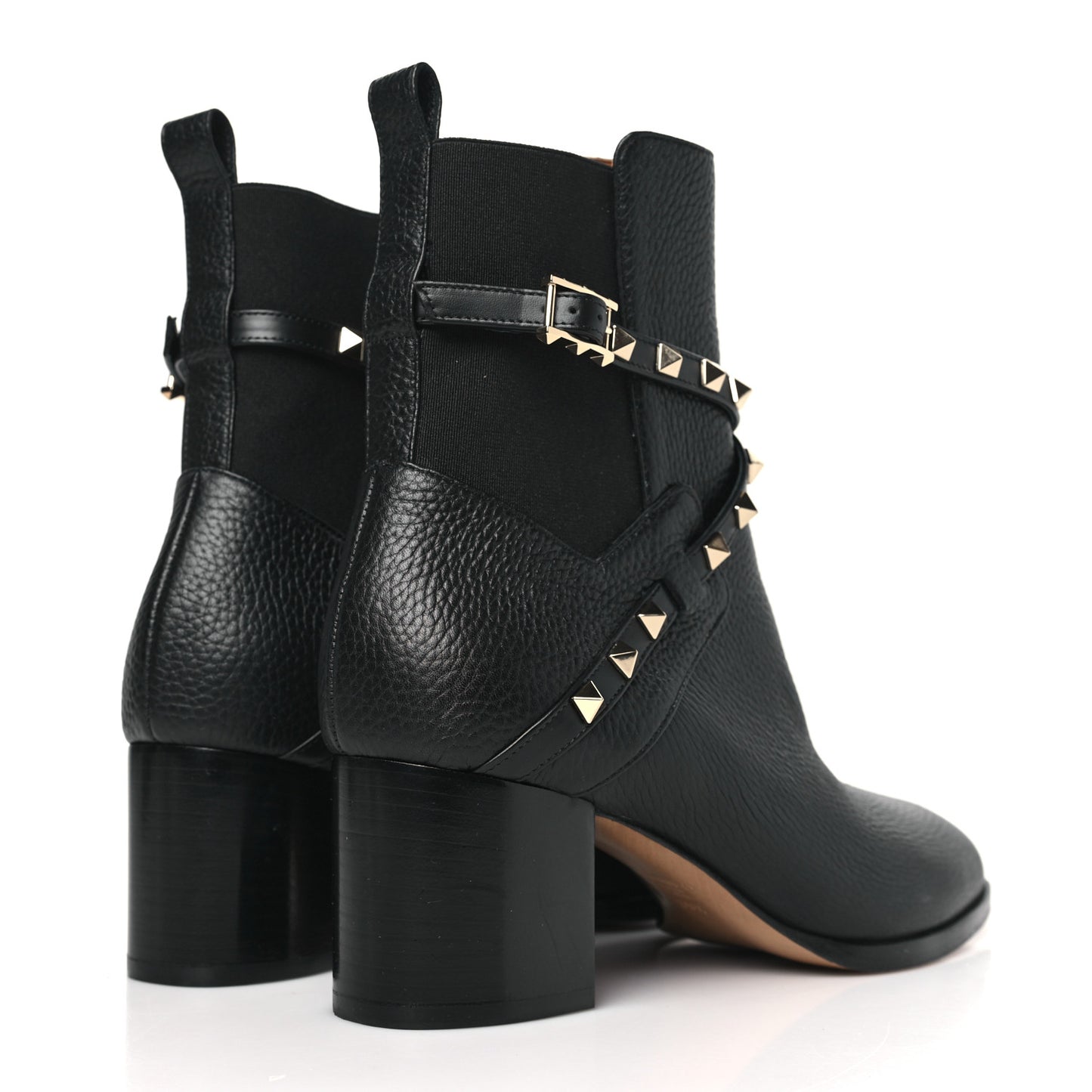 Pebbled Calfskin Rockstud Double Buckle 70mm Block Heel Ankle Boots 39.5 Black