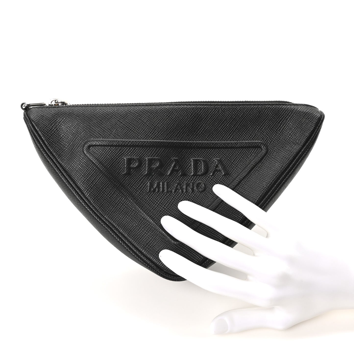 Saffiano Cuir Triangle Logo Embossed Triangle Wristlet Black