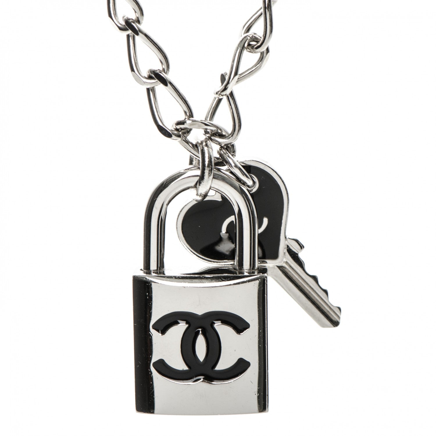 Chanel Enamel CC Padlock Heart Key Necklace Black Silver 179297