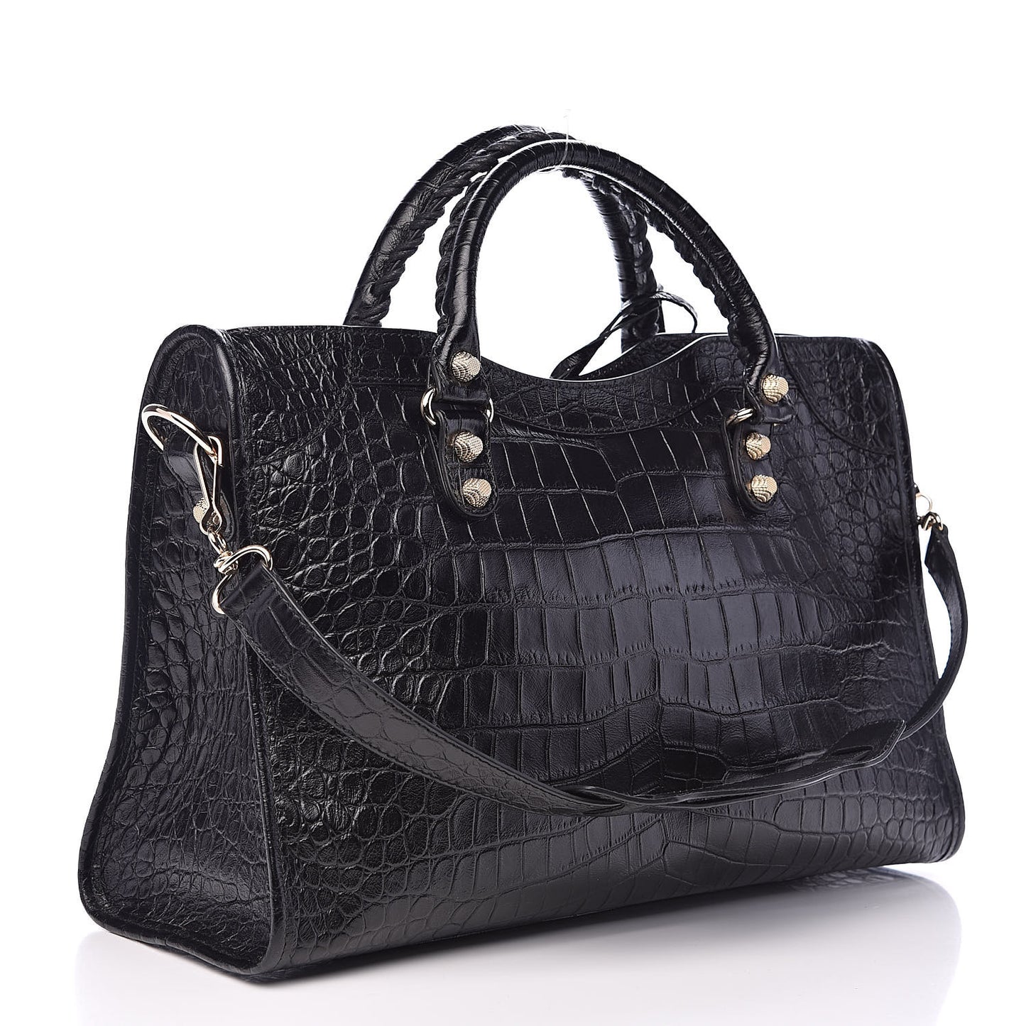 Calfskin Crocodile Embossed Giant 12 Gold Hardware City Black