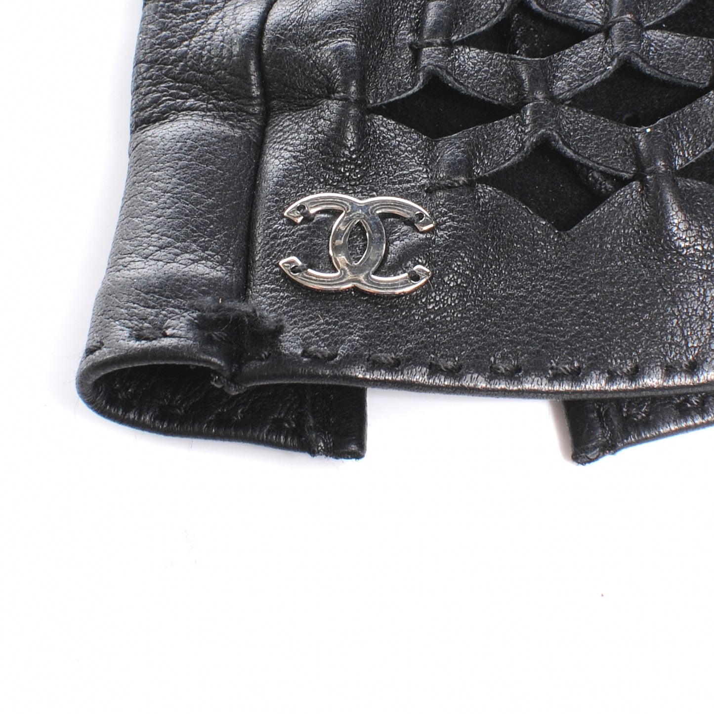 Lambskin Fingerless Woven CC Gloves Black 7.5