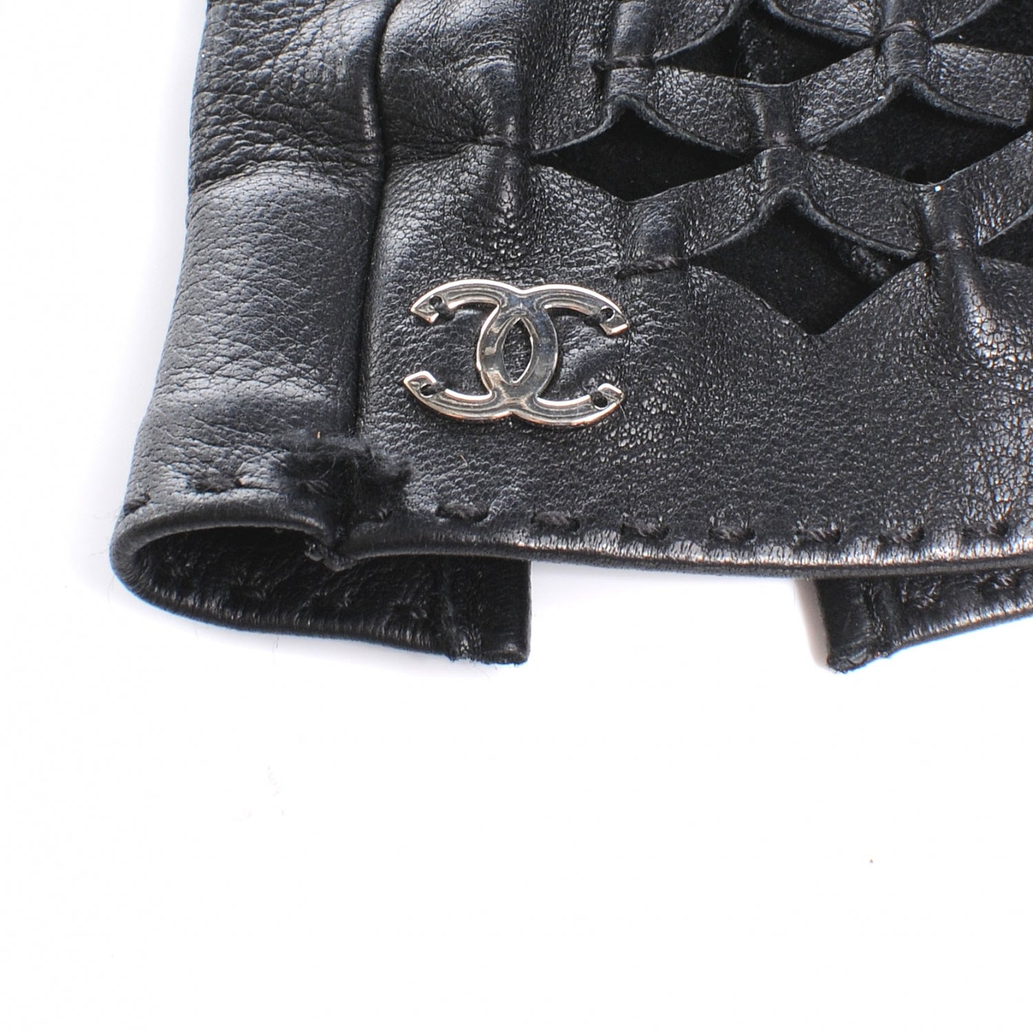 Chanel Lambskin Fingerless Woven CC Gloves Black 7.5 3 of 5