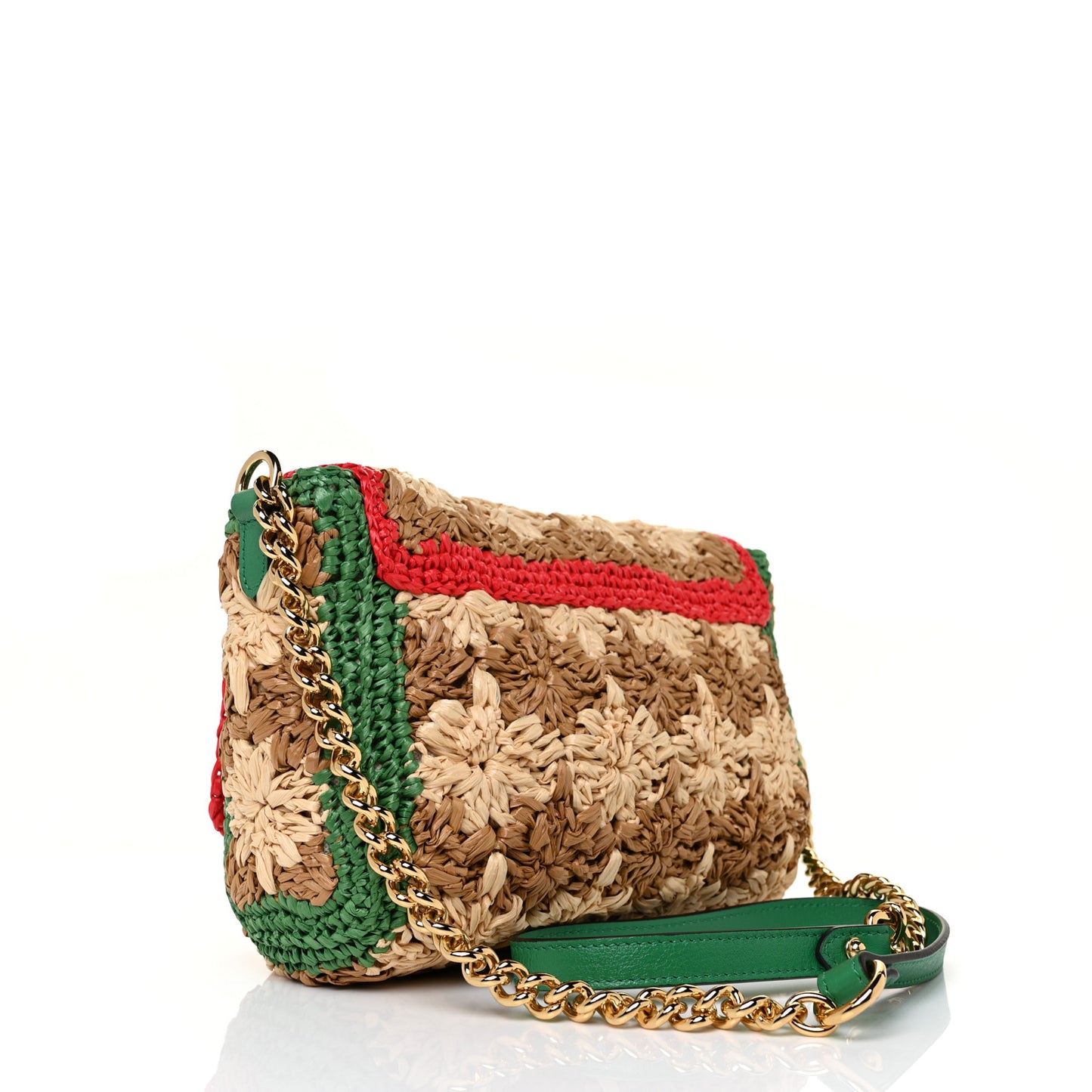 Raffia Azalea Calfskin Crochet Flower Small GG Marmont Shoulder Bag Natural Ecru Green Red New Shamarock