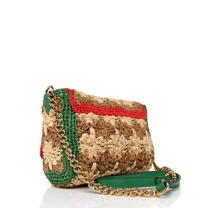 Gucci Raffia Azalea Calfskin Crochet Flower Small GG Marmont Shoulder Bag Natural Ecru Green Red New Shamarock 3 of 9
