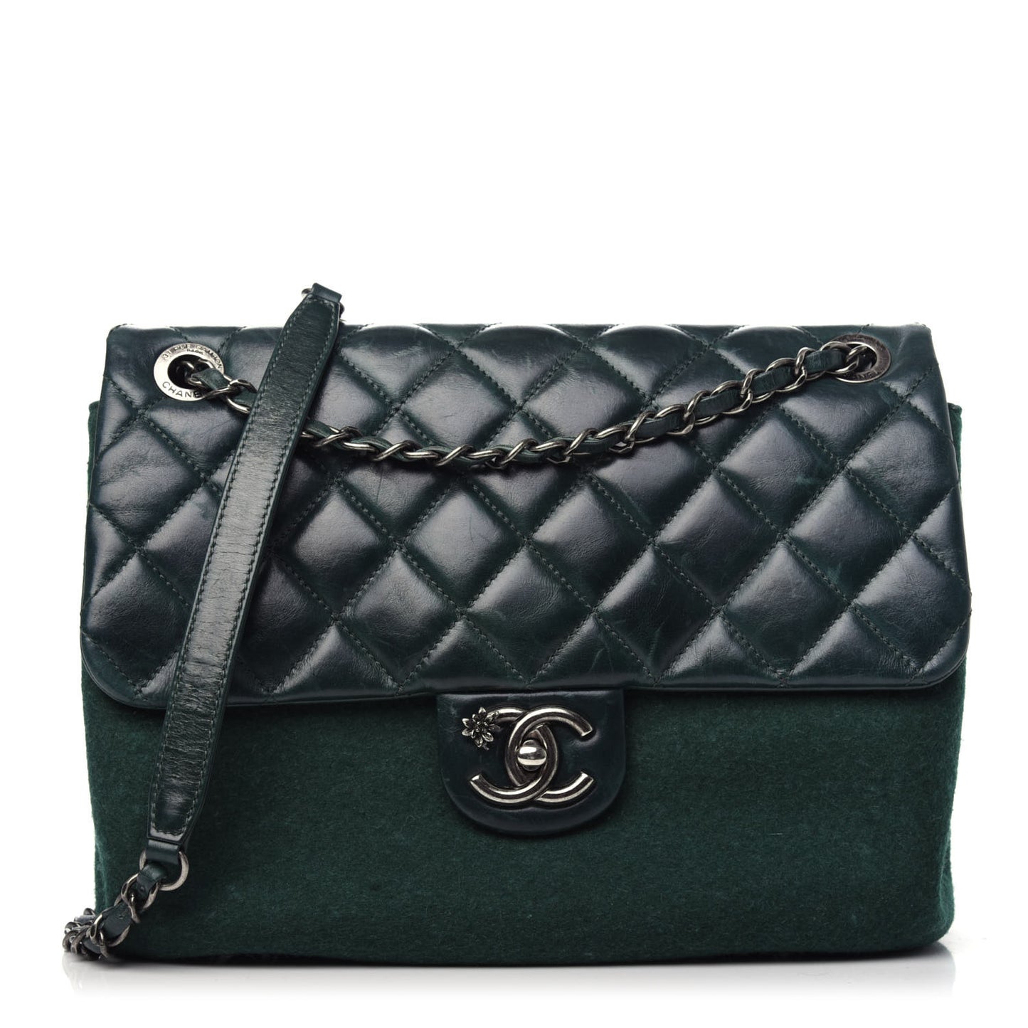 Felt Glazed Calfskin Quilted Edelweiss Flower Flap Dark Green