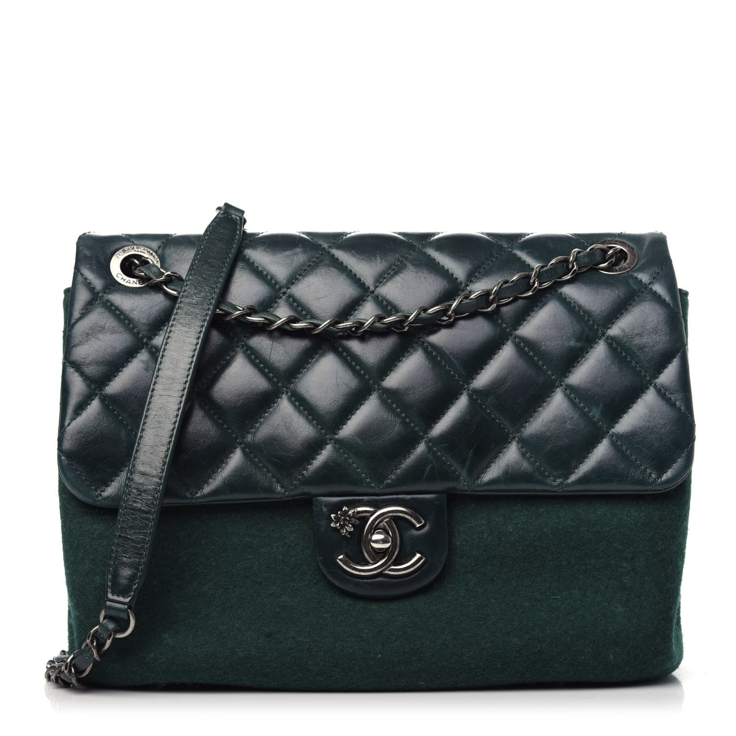 Chanel Felt Glazed Calfskin Quilted Edelweiss Flower Flap Dark Green 1 of 9
