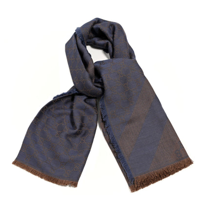 Gucci Wool Silk Monogram GGWeb Fringe Shawl Taupe Sky Blue 1 of 5