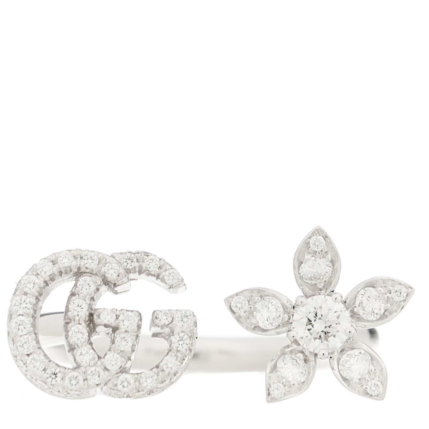Gucci 18K White Gold Diamond Flora GG Open Ring 55 7.25 1 of 5