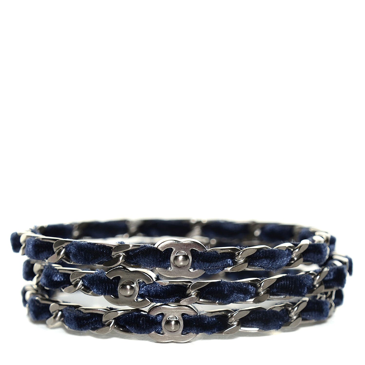 Chanel Velvet Chain Bangle Set of 3 Blue Silver M 1 of 5