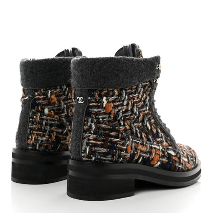 Chanel Tweed Lace Up Short Boots 38 Green Brown Black 4 of 11