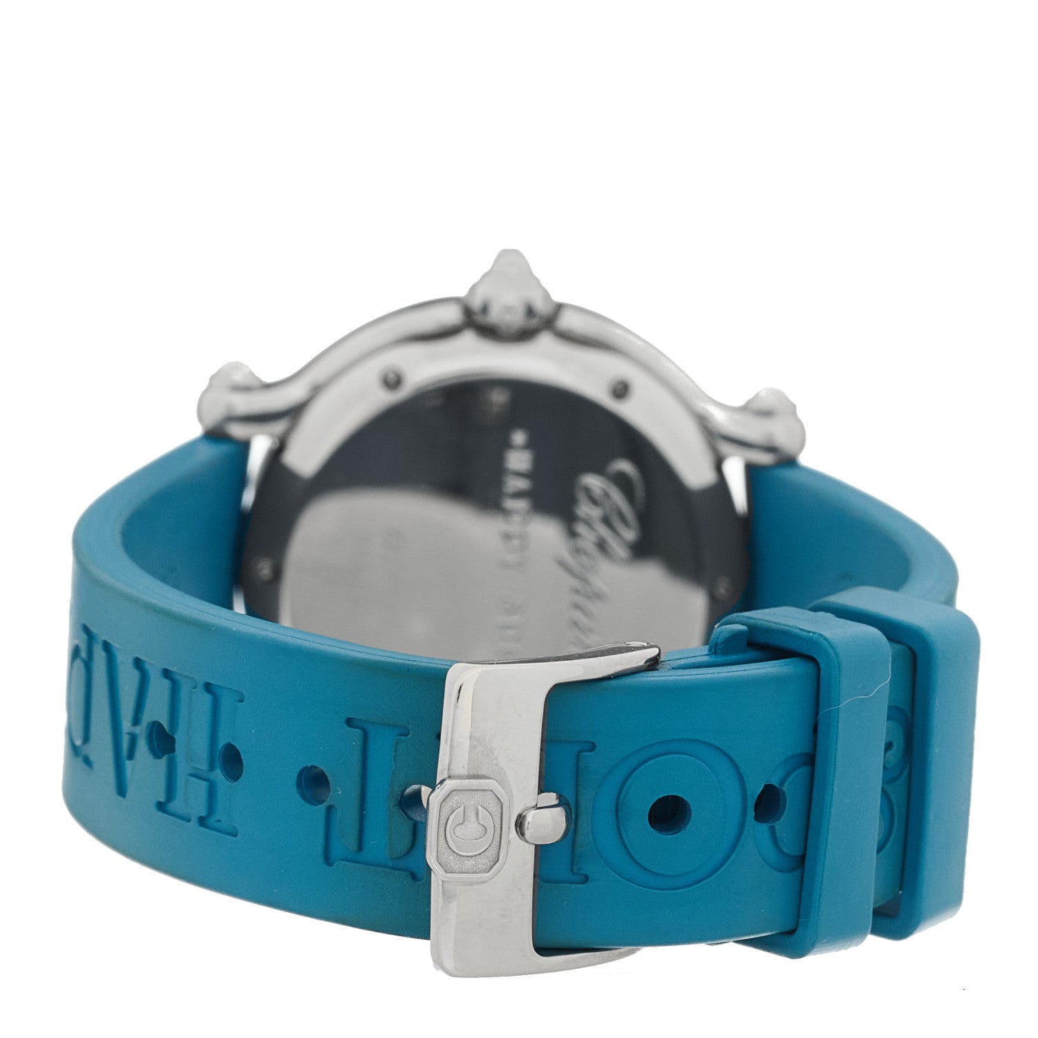 Chopard Stainless Steel Rubber Diamond Bezel Ruby Yellow Blue Sapphire 32mm Happy Sport Fish Quartz Watch Blue 3 of 4