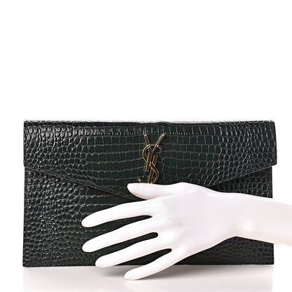 Saint Laurent Calfskin Crocodile Embossed Uptown Monogram Clutch Dark Mint 2 of 7
