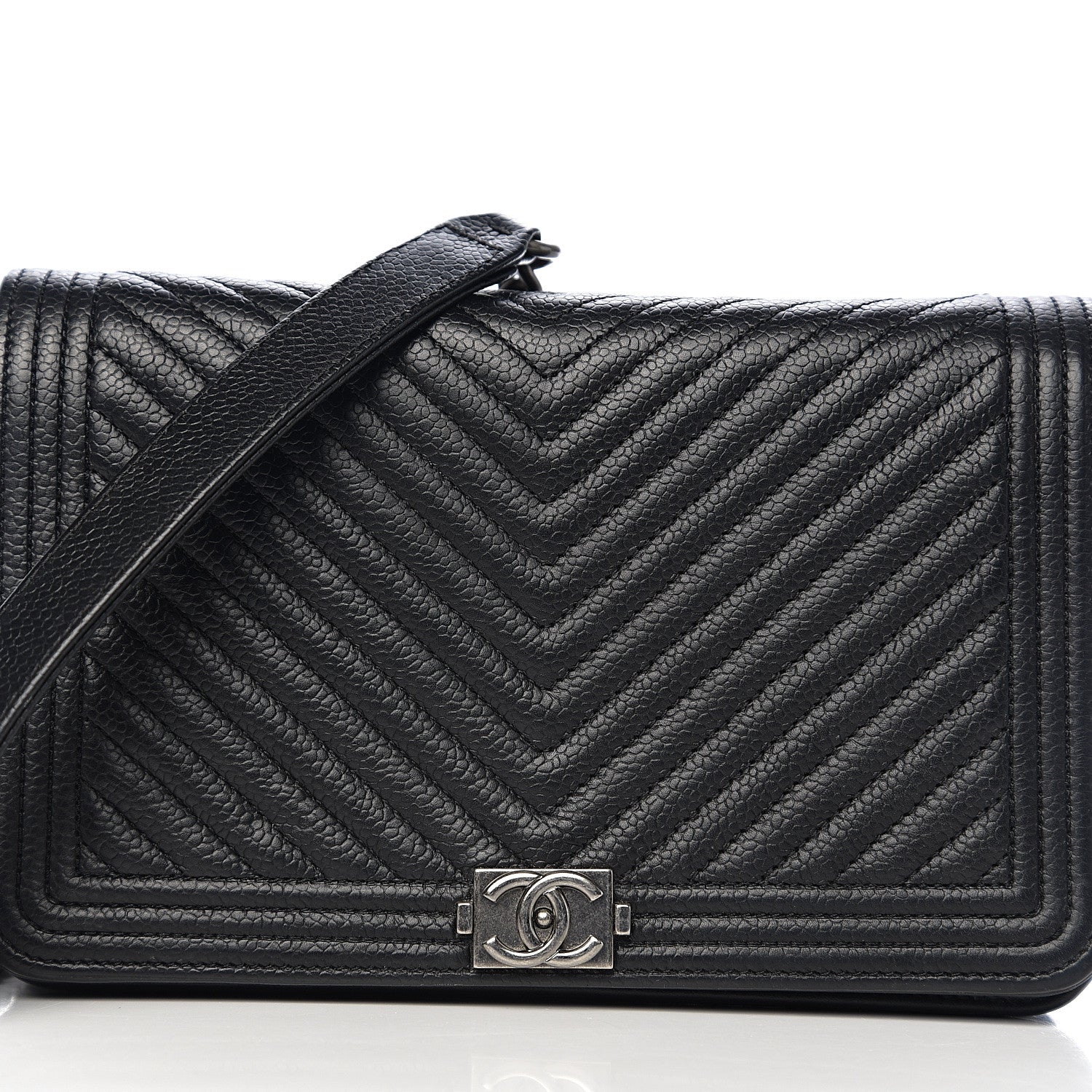 Chanel Grained Calfskin Chevron Quilted Boy Wallet On Chain WOC Black 13 of 14