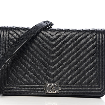 Chanel Grained Calfskin Chevron Quilted Boy Wallet On Chain WOC Black 13 of 14