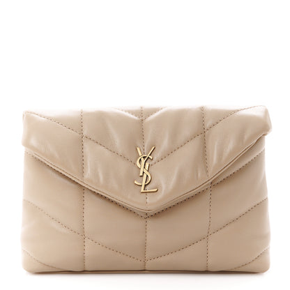 Saint Laurent Lambskin Monogram Loulou Puffer Pouch Clutch Dark Beige 1 of 14