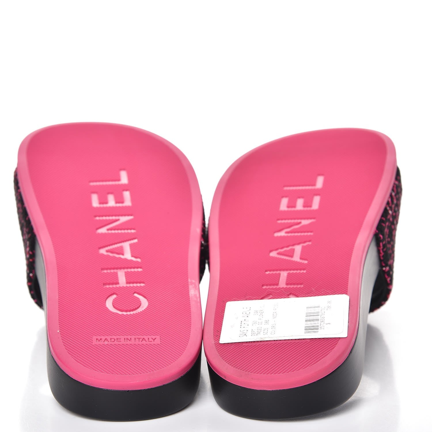 Chanel Tweed Grosgrain Camellia CC Flat Mules 36 Black Pink 272756