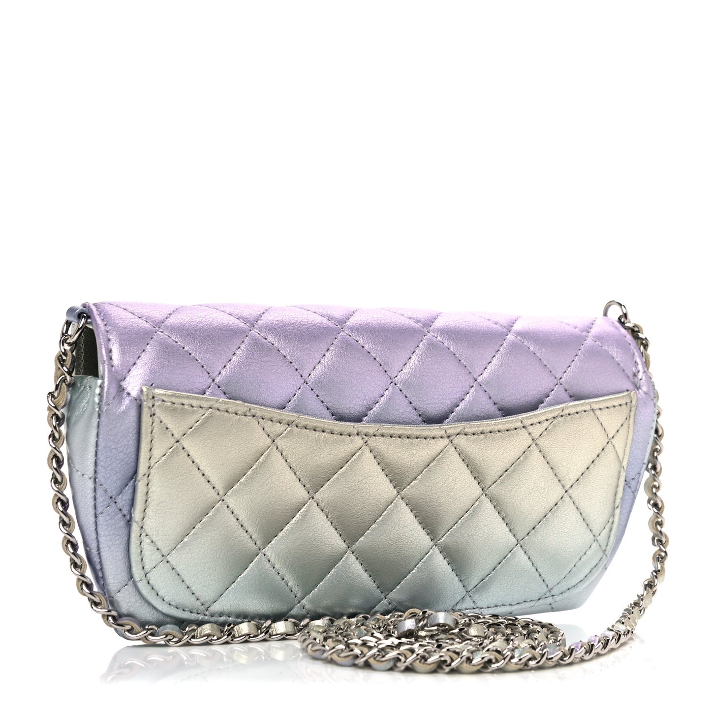 Gradient Metallic Calfskin Quilted Glasses Case With Chain Silver Blue Yellow Purple