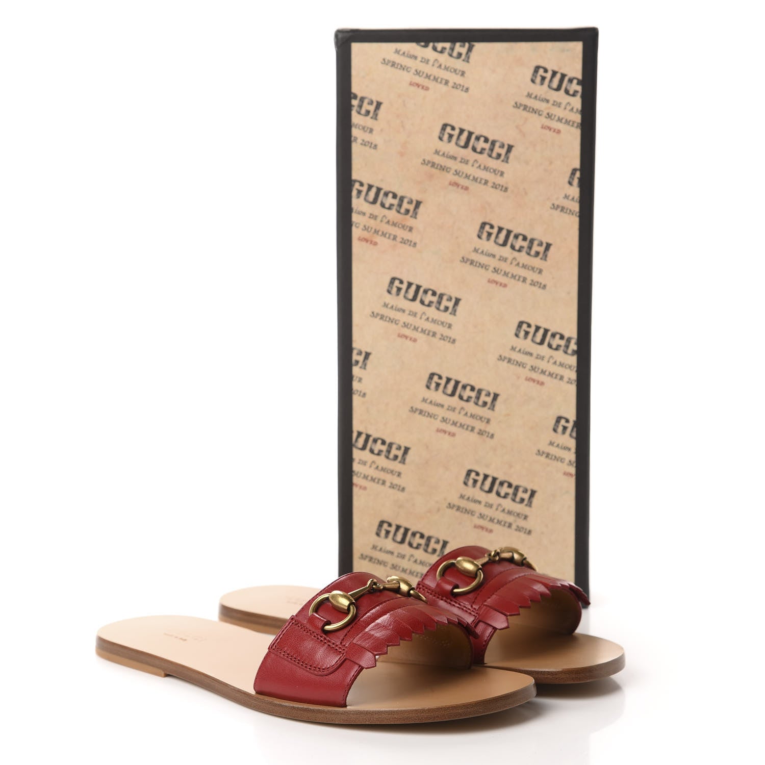 Gucci Malaga Kid Fringe Horsebit Slide Sandals 39 Hibiscus Red 10 of 10