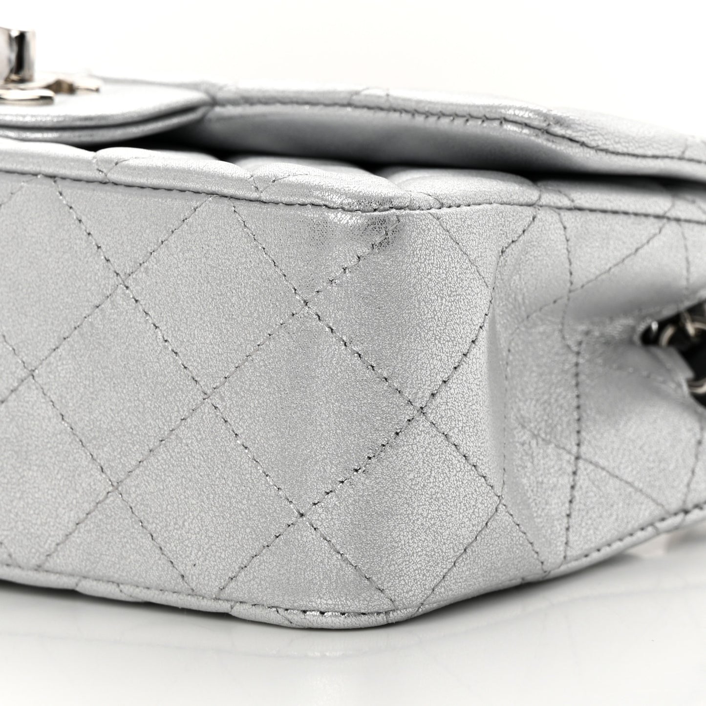 Metallic Lambskin Quilted Mini Rectangular Flap Silver