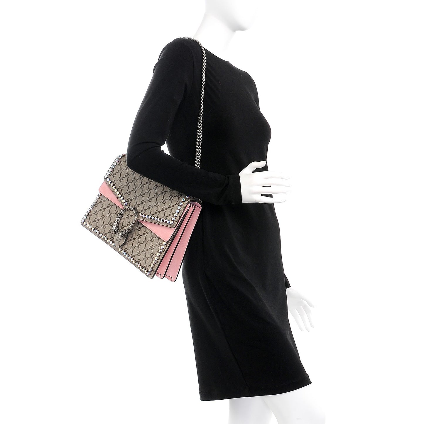 GG Supreme Monogram Suede Crystal Medium Dionysus Shoulder Bag Beige Ebony Light Peonia