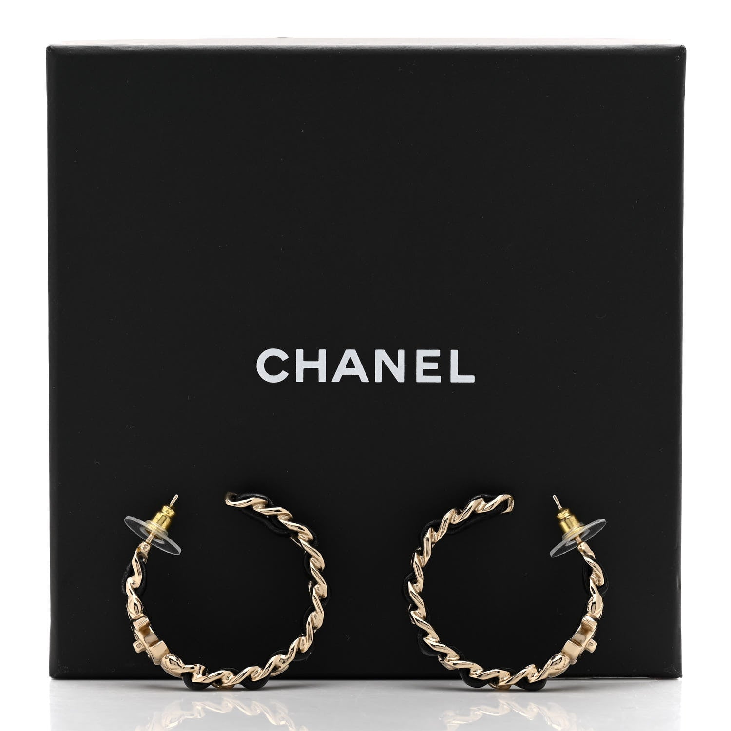 Chanel Metal Lambskin Quilted CC Turnlock Chain Hoop Earrings Gold Black 5 of 5
