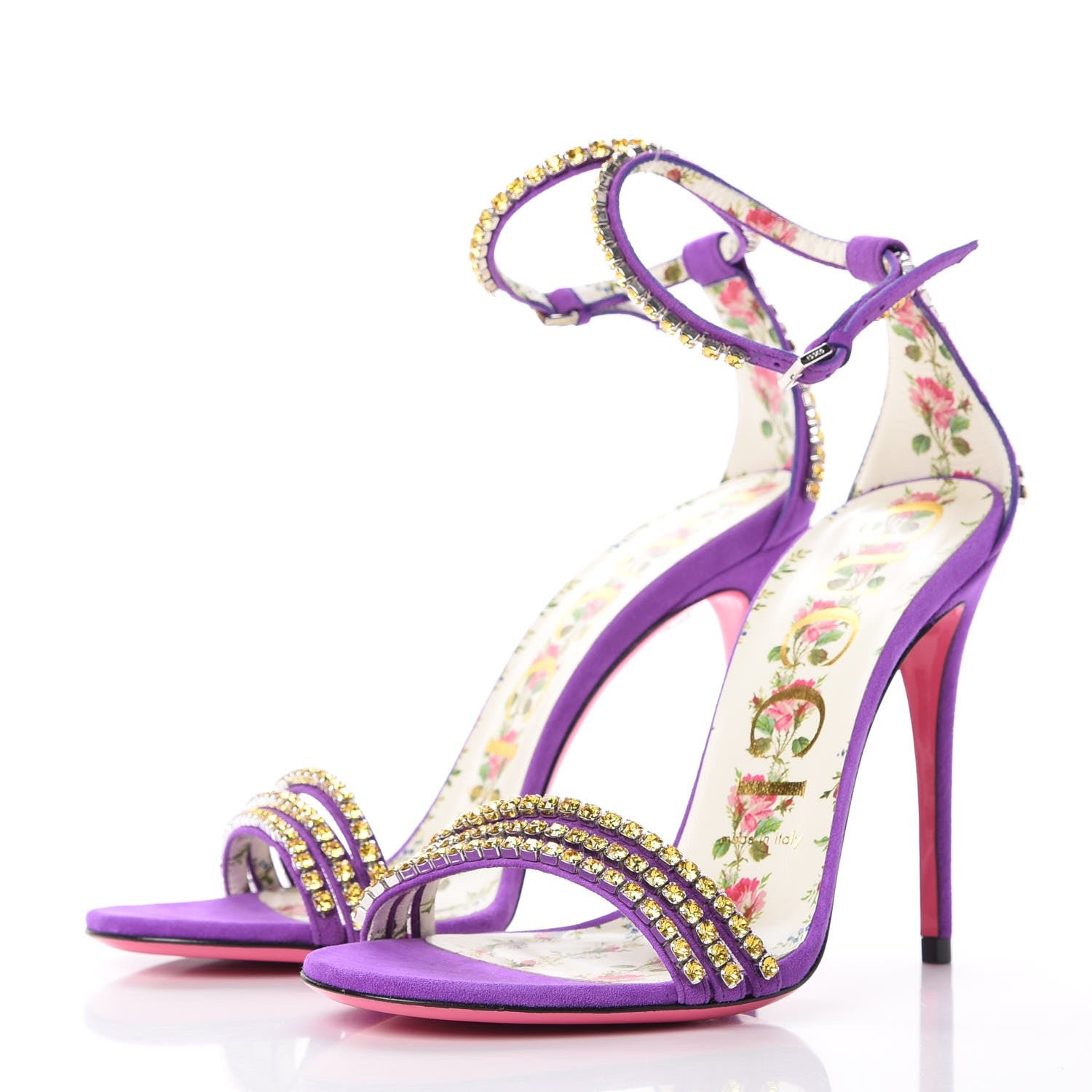 Gucci Kid Scamosciato Crystal Ankle Strap High Heel Sandals 37.5 Light Topaz Shine Purple 3 of 8