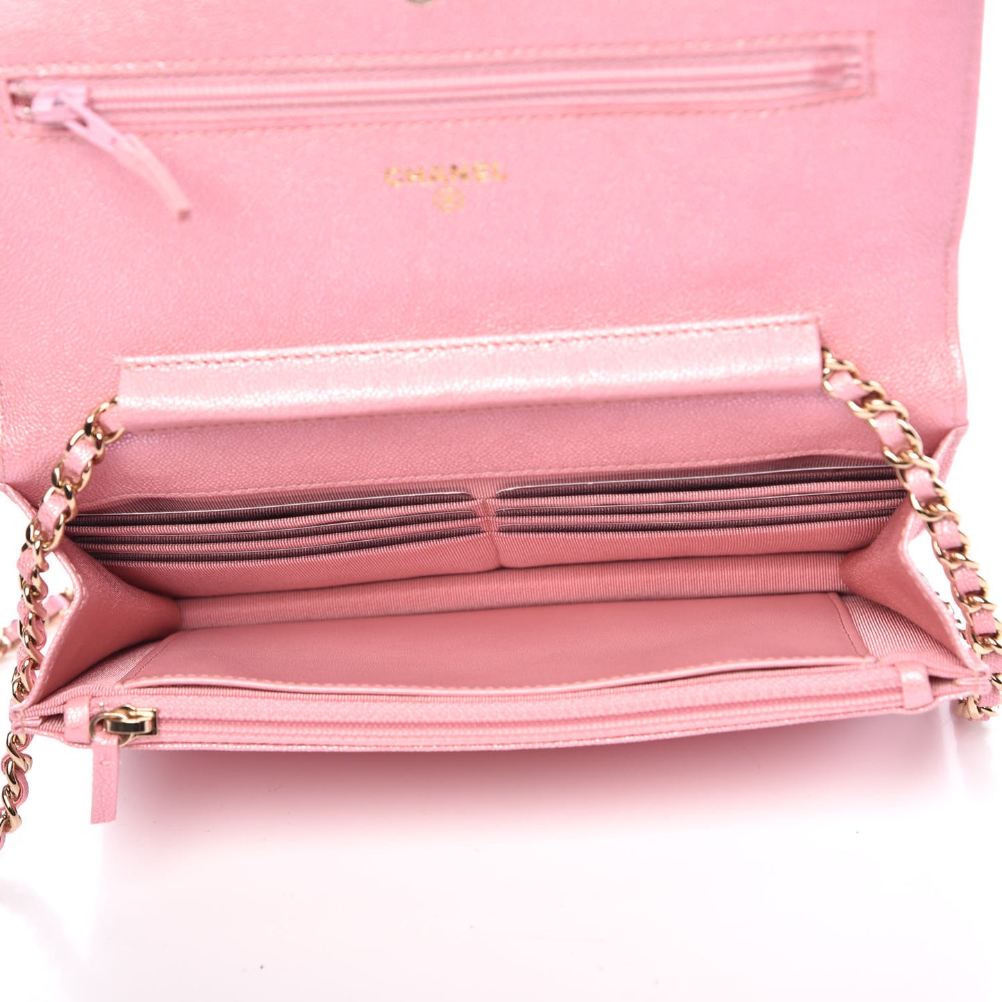 Iridescent Caviar Quilted Wallet on Chain WOC Rose Pink
