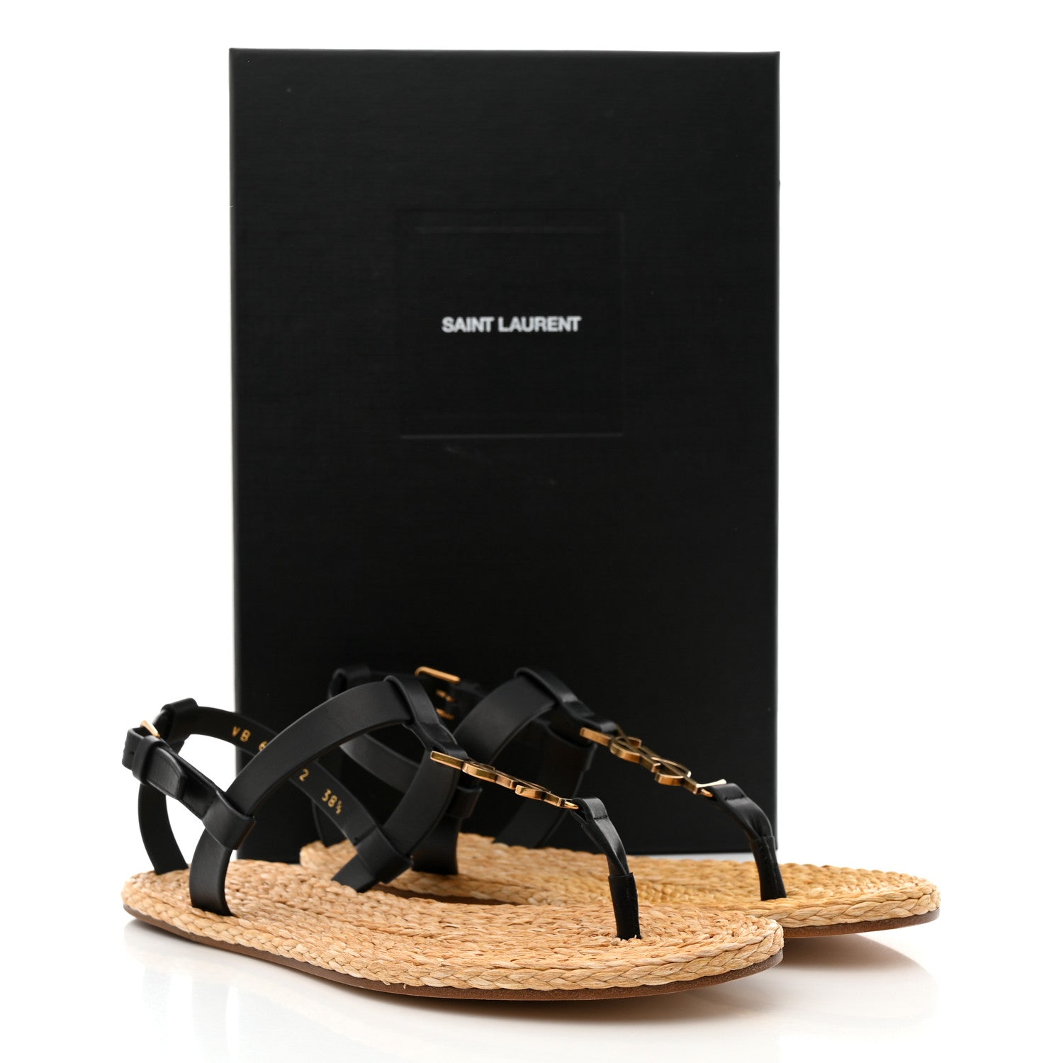 Saint Laurent Calfskin Raffia Cassandra Monogram Sandals 38.5 Maine Light Bronze Black 9 of 9