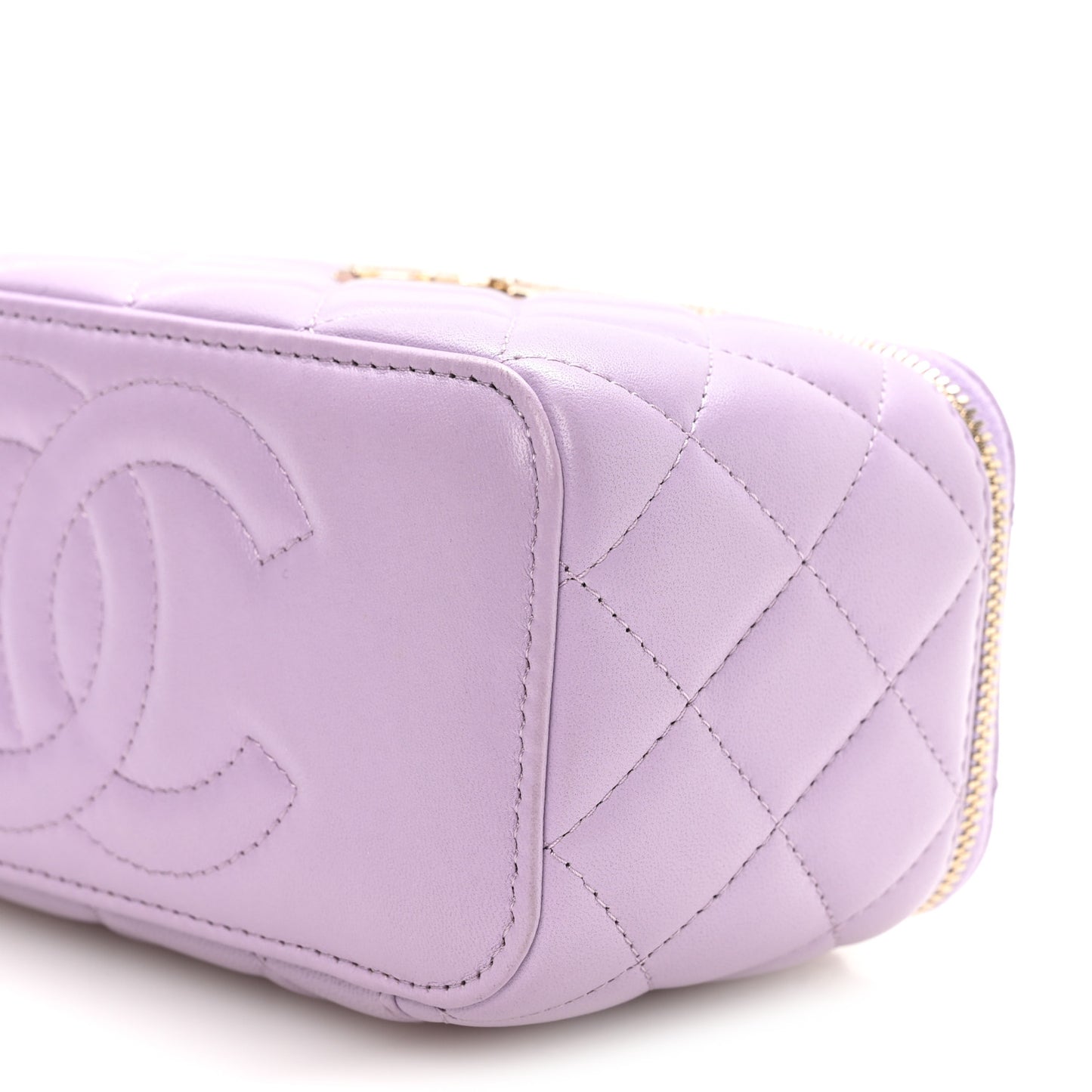 Lambskin Quilted Baguette Crystal Top Handle Vanity Case With Chain Purple