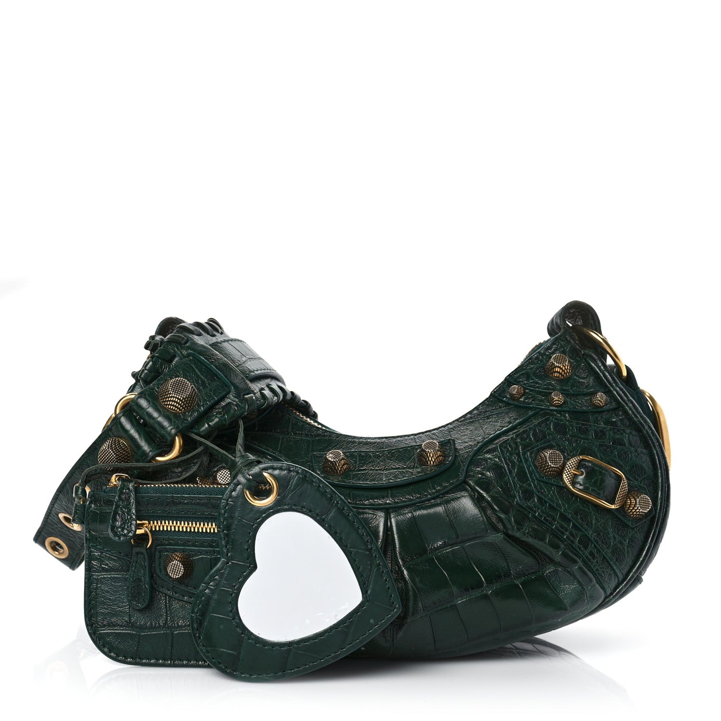 Extra Supple Calfskin Crocodile Embossed Le Cagole Shoulder Bag XS Forest Green