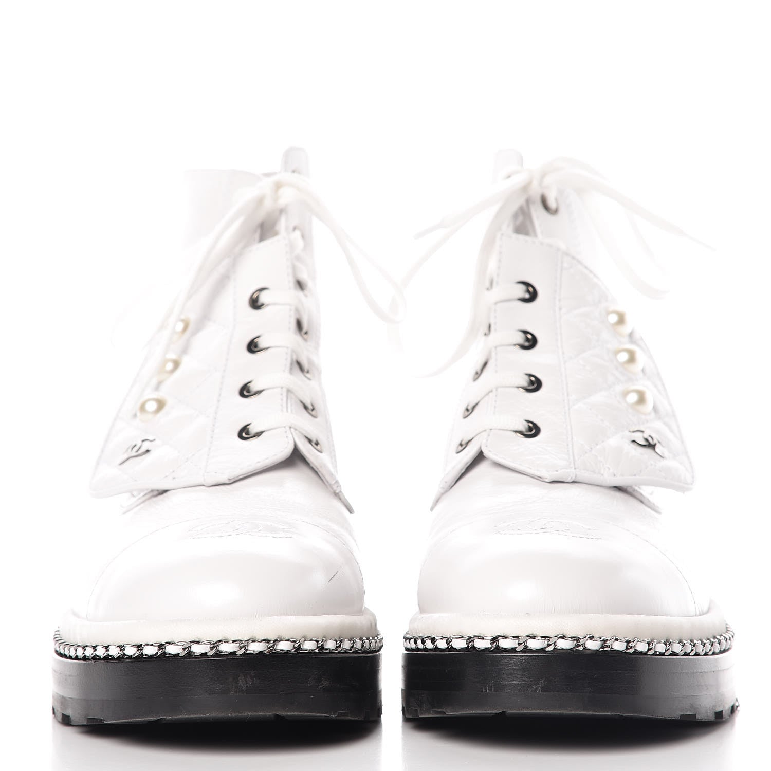 Chanel Crackled Calfskin Pearl Chain CC Combat Short Boots 40 White 2 of 16