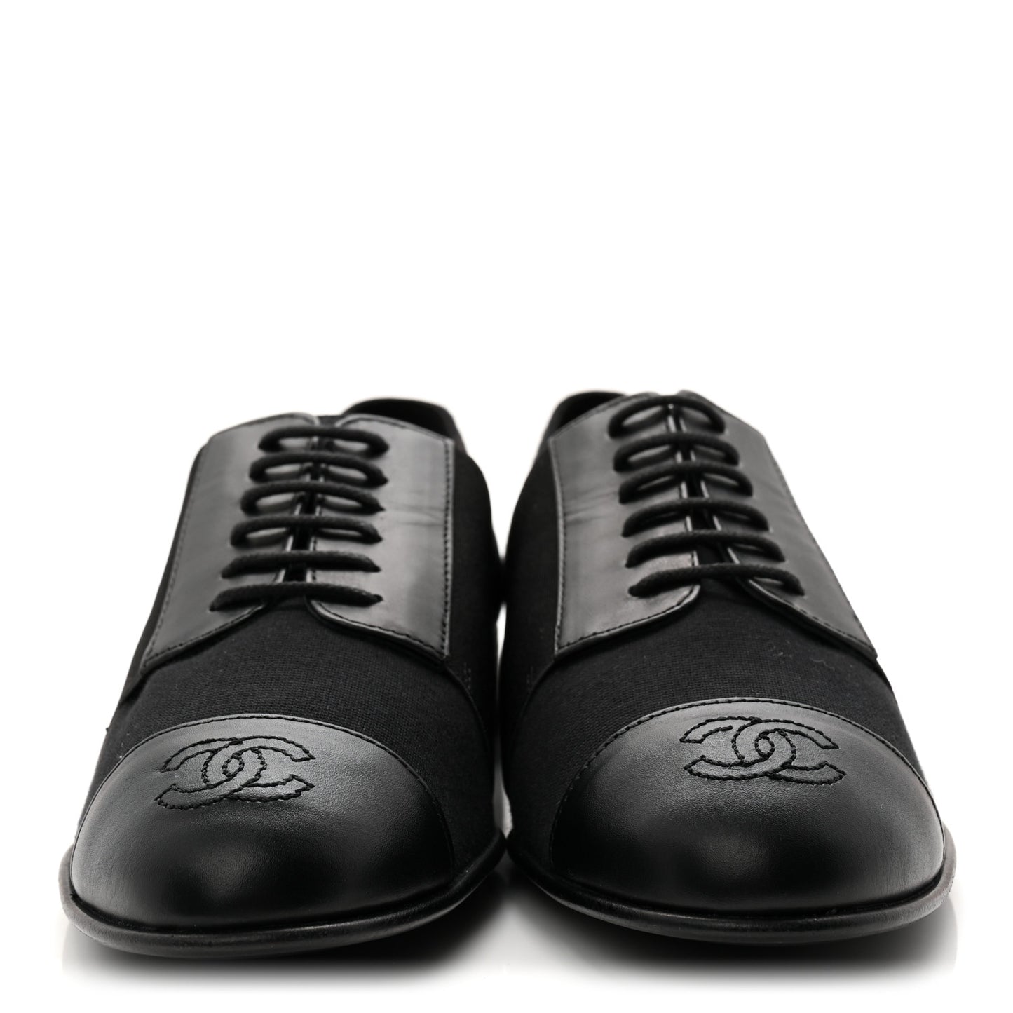 Calfskin Elastic Lace Up Cap Toe CC Loafers 35.5 Black