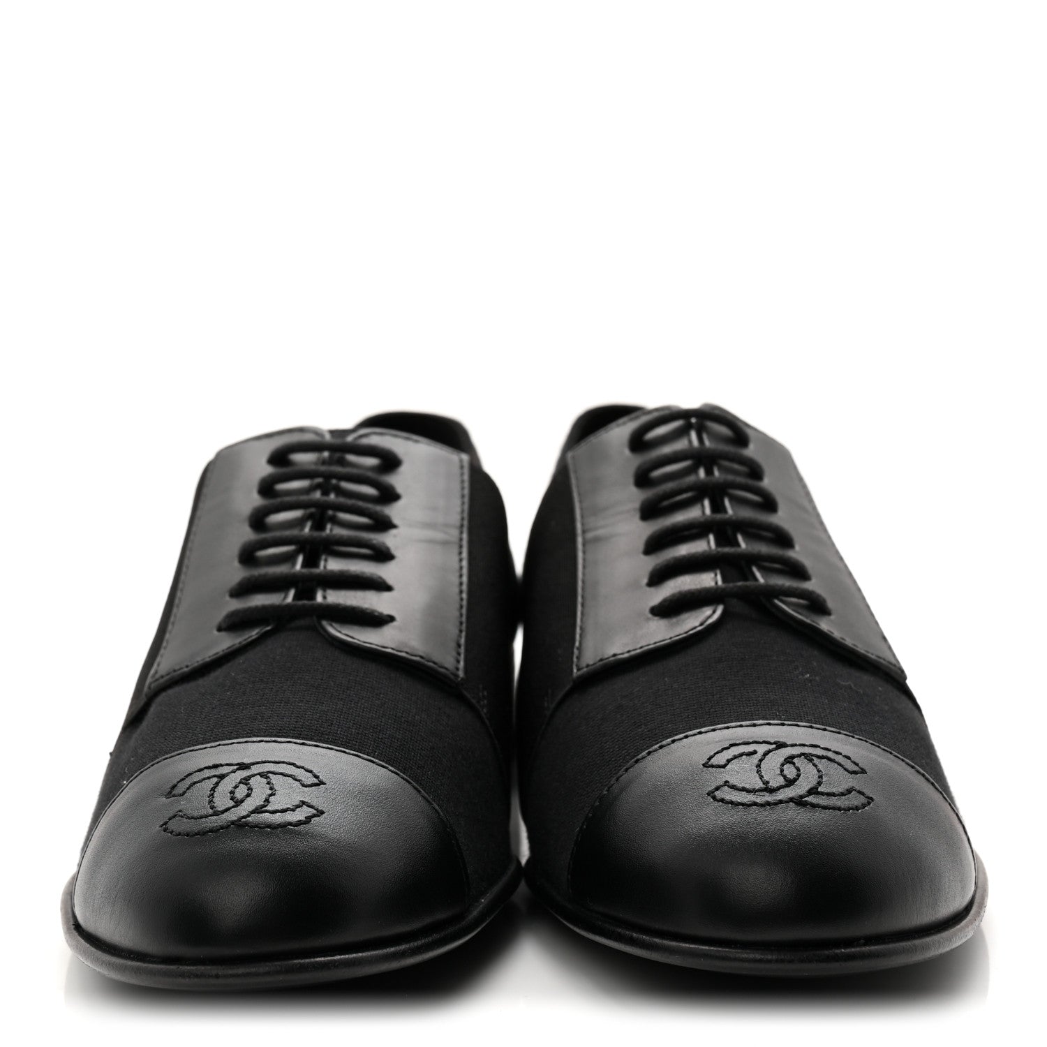 Chanel Calfskin Elastic Lace Up Cap Toe CC Loafers 35.5 Black 2 of 9
